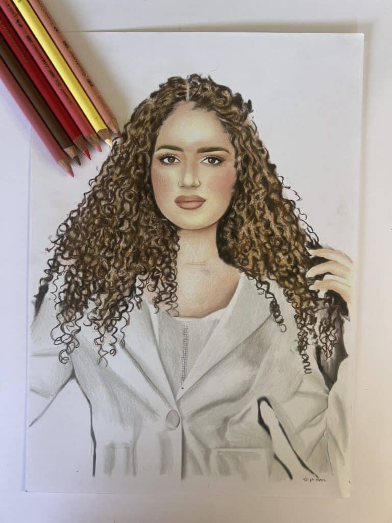 מתנה לאישה- ציור דיוקן פנים ציור בהזמנה אישית בעפרונות צבעוניים עבודת יד של רותם בן ישי