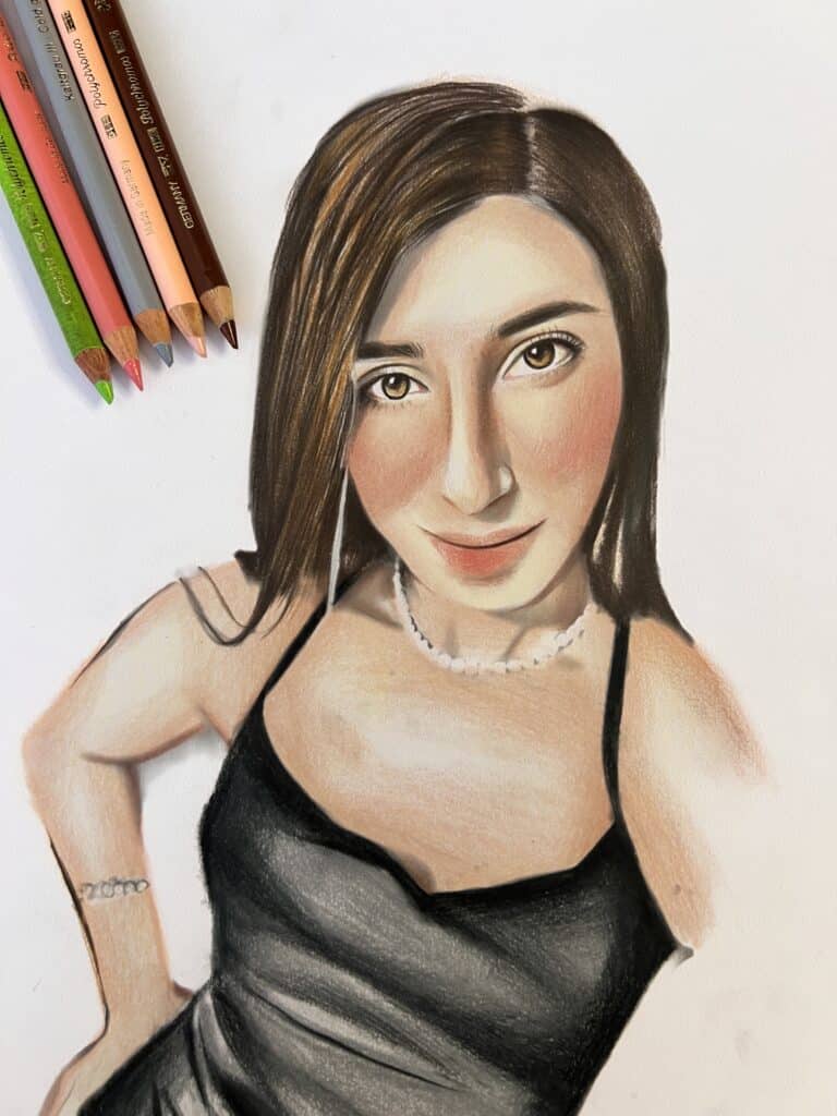 מתנה לאישה- ציור דיוקן פנים ציור בהזמנה אישית בעפרונות צבעוניים עבודת יד של רותם בן ישי