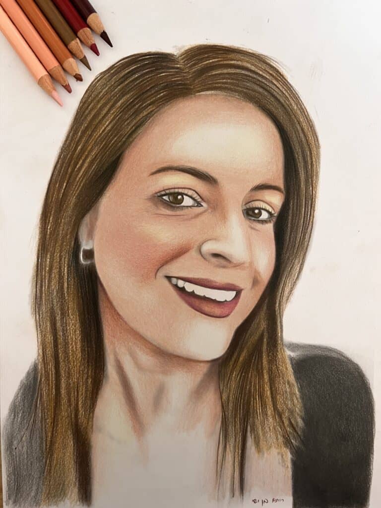 דיוקן פנים ציור בהזמנה אישית בעפרונות צבעוניים עבודת יד של רותם בן ישי