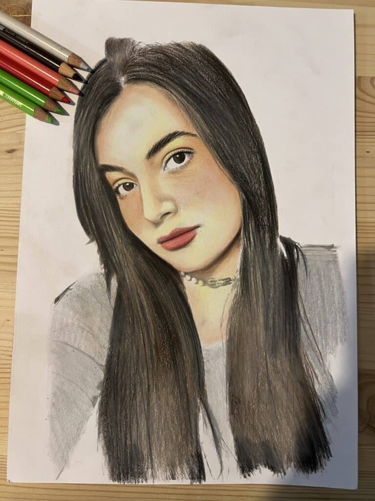 דיוקן פנים ציור בהזמנה אישית בעפרונות צבעוניים עבודת יד של רותם בן ישי