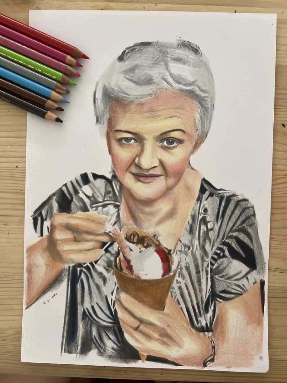 דיוקן פנים ציור בהזמנה אישית בעפרונות צבעוניים עבודת יד של רותם בן ישי