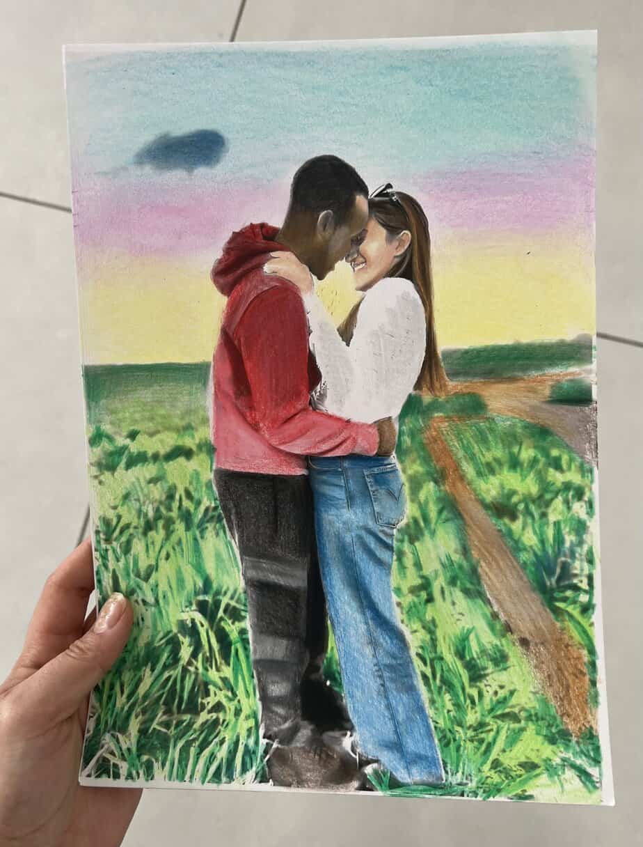 ציור זוג בעפרונות צבעוניים בעבודת יד מאת רותם בן ישי