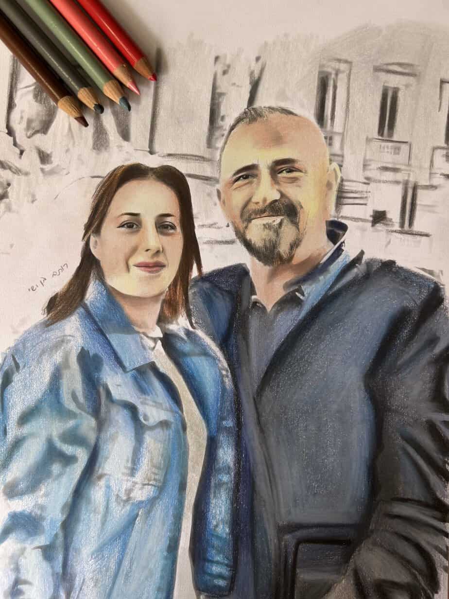 ציור זוג בעפרונות צבעוניים בעבודת יד מאת רותם בן ישי